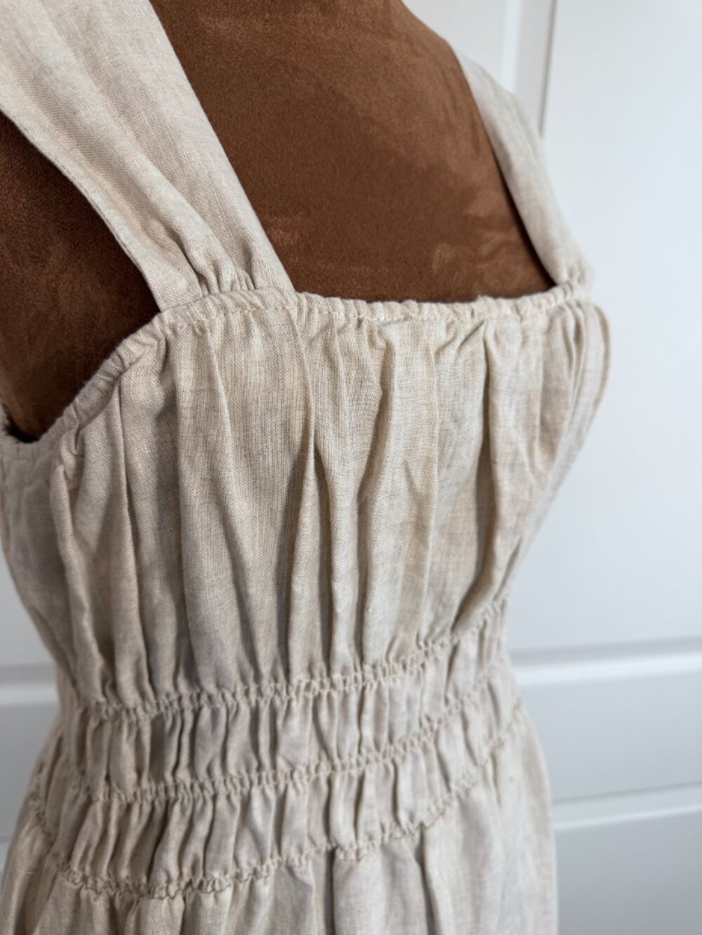 Saks Fifth Avenue 100% Linen Smocked Midi Maxi Dress Pockets Oatmeal Medium - Picture 6 of 10